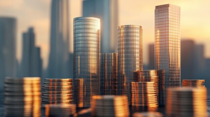 Obraz premium Tall buildings and coins are the same height 