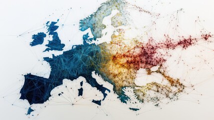 The digital European map is filled with a network of illuminated lines, showcasing the continent’s robust web of technological and communication pathways.