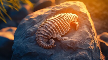 A serene photo of a trilobite fossil embedded in rock, highlighted with natural sunlight