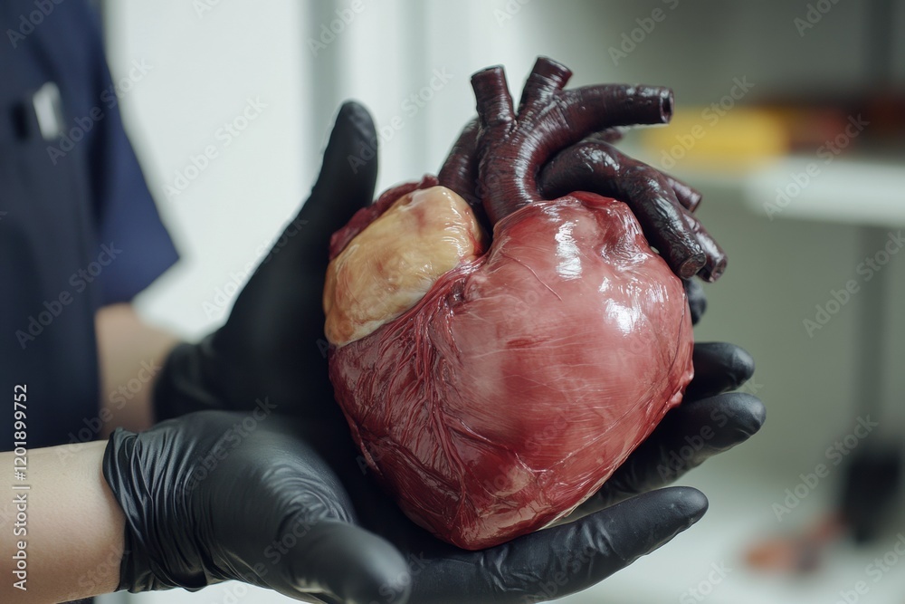Poster lifesize anatomical heart gently cradled in gloved hands in a clinical setting showing focus on huma