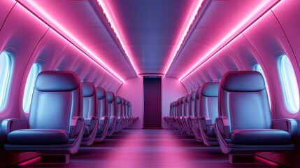 A sleek and modern airplane aisle featuring neon-inspired lighting, advanced seating solutions, and a sense of technological sophistication and style.