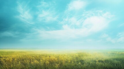 Vast field of yellow flowers under a bright blue sky with soft clouds creates peaceful mood