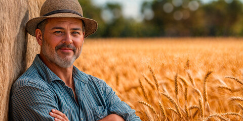 Fototapeta premium Farm owner portrait standing next to a large corn field during harvesting smiling