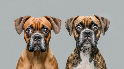 Fototapeta premium A group of brown and brindle boxers sits closely together, their expressive eyes and serious gazes highlighted against a plain gray background.