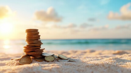 A stack of golden coins rests on a sandy beach basking in the warm glow of a setting sun, offering a sense of wealth and tranquility by the ocean.
