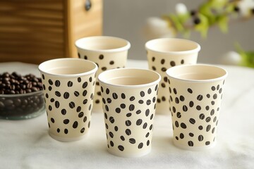 This arrangement of five decorative coffee cups features charming designs, symbolizing sharing and warmth among friends or family over a cup of coffee.