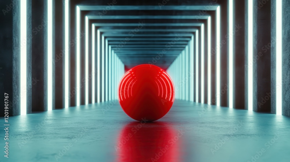 Poster a centrally positioned red sphere in a long, illuminated corridor with parallel white lights creatin