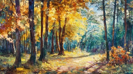 Obraz premium Oil painting of an autumn forest with yellow and green foliage and a trail of sunshine