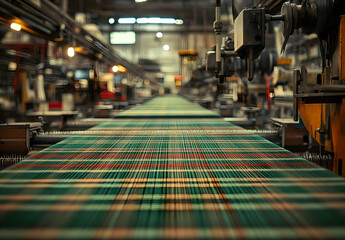 Plaid fabric being woven on a large industrial loom in a textile factory. The fabric is green, red, and beige.