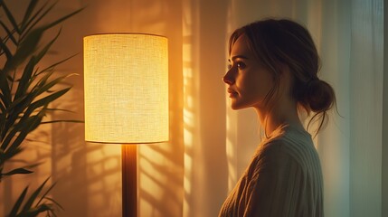 An adult standing near a lamp with warm light casting gentle shadows on their face evoking tranquility