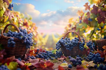Ultra Quality Picture of a Picturesque Vineyard at Harvest Time with Baskets of Grapes