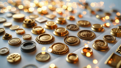 On a white background, a collection of antique, vintage golden wax seals or stamps for vintage mail envelopes