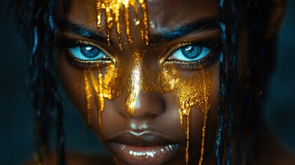 Close-Up of a Woman's Face with Gold Dripping and Striking Eyes