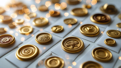 On a white background, a collection of antique, vintage golden wax seals or stamps for vintage mail envelopes
