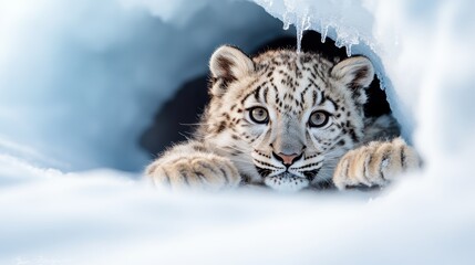 A heartwarming image of a curious snow leopard cub with wide eyes peeking out from an icy cave, capturing innocence and exploration in the frosty wilderness.