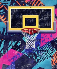 Basketball Hoop and Net on an Abstract Geometric Background With Bold Colors and Patterns
