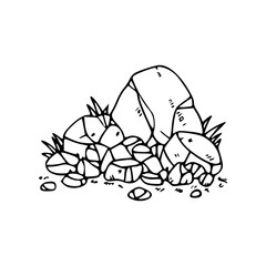 a line art drawing of a rock with grass in cartoon style