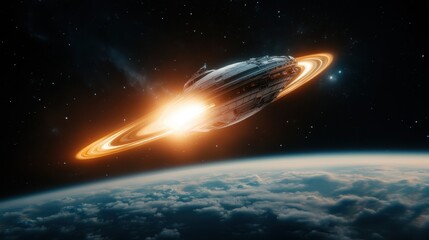 Obraz premium Sleek, futuristic spacecraft gracefully sails through the backdrop of Earth's upper atmosphere, signifying progress and the endless frontier of space.
