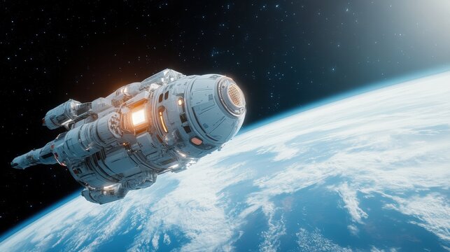 A sleek, modern spacecraft glides over the Earth's curvature, embodying advanced technology and exploration in the vastness of outer space. - Powered by Adobe