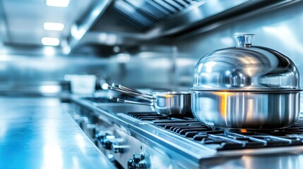 A sleek professional kitchen atmosphere with sparkling metal pots and lids on a busy stove, embodying the essence of culinary excellence and modern efficiency.