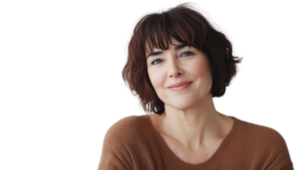 A warm and inviting portrait of a smiling middle-aged woman in a cozy sweater, radiating confidence and approachability against a simple background.