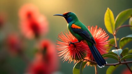 Fototapeta premium Iridescent Hummingbird Perching Red Flower Branch Garden Sunlight Natural Detail