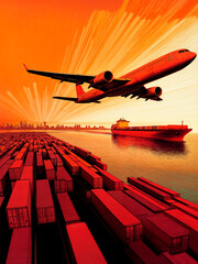 Conceptual poster style image showing worldwide logistics with air  planes and container shipping