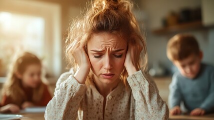 A stressed parent holds their head in frustration while two children are present in the background, symbolizing the challenges of parenting. The scene is set indoors.