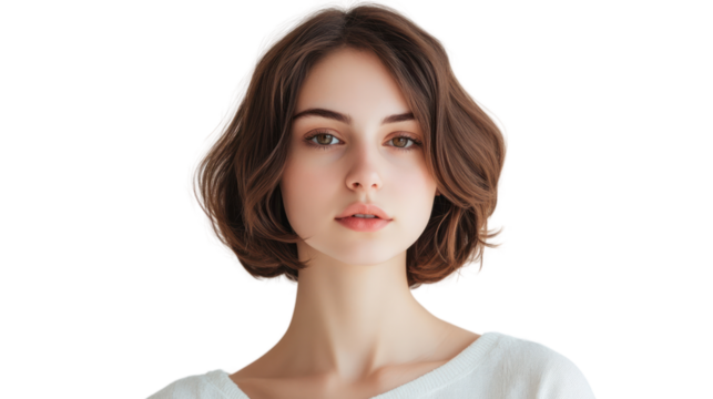 A young woman with a soft expression and stylish bob haircut, exuding natural beauty and grace in a minimalistic setting.