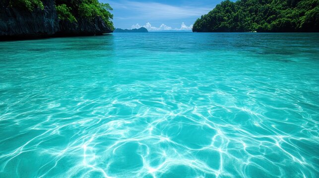 A stunning tropical scene with crystal clear turquoise waters and lush green islands in the background under a bright blue sky, evoking serenity and relaxation.