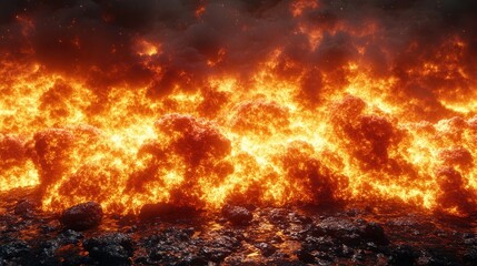 Fiery inferno, intense burning flames and smoke over dark ground.