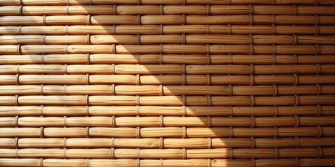 A pattern of interwoven wooden strips creates a textured surface, illuminated by a diagonal shaft of sunlight.