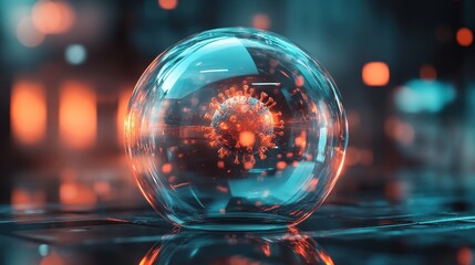 Virus encapsulated in a protective bubble, [virus, safety concept, prevention], [minimalistic, clean design, glowing shield effect] 
