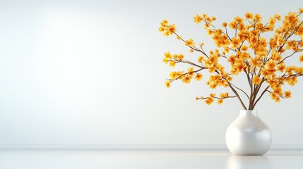 A minimalistic image of a white vase filled with bright yellow blossoms, set against a clean white background, illustrating simplicity and beauty in design.