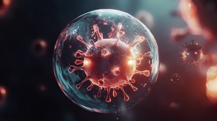 Virus encapsulated in a protective bubble, [virus, safety concept, prevention], [minimalistic, clean design, glowing shield effect] 