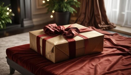 A beautifully wrapped present on a velvet-draped coffee table, luxurious texture, sophisticated decor