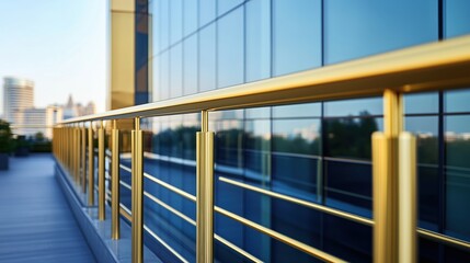 The terrace&rsquo;s gold-accented railing gleams in the sunlight, complementing the glass building behind it, creating a contemporary and elegant urban scene.