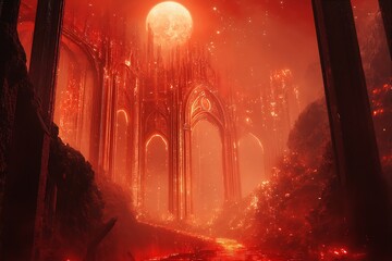 Crimson Moonlit Gothic Citadel With Fiery Path And Sparkling Stars Against A Mystical Backdrop