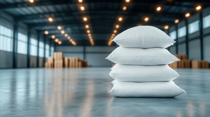 Four soft-looking white pillows are neatly stacked on the gleaming floor of a vast warehouse, setting a tone of purity, softness, and efficient organization.