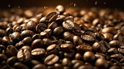 Obraz premium Closeup roasted coffee beans falling on heap against brown background.
