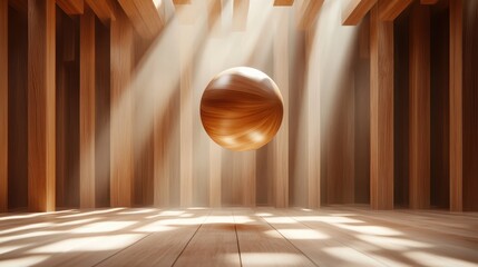 A sunlit wooden sphere floats in a wooden architectural space, merging natural materials with architectural design and evoking a sense of tranquility and innovation.