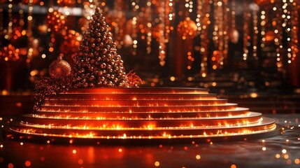 Obraz premium Festive Christmas tree on a glowing, circular, tiered platform with bokeh lights.