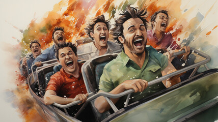 Fototapeta premium The roller coaster of emotions: Customers ride a roller coaster of emotions, extremely funny comic,. Generative AI