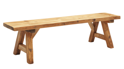 A rustic wooden bench featuring a simple design, perfect for outdoor gatherings or as an accent piece in a cozy interior decor.