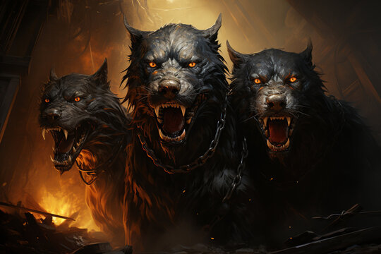 three hellhounds, Cerberus,.  Generative AI