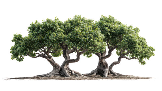 Two beautifully intertwined trees with lush green foliage, showcasing nature's beauty and the intricate connections of life in a serene setting.