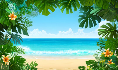 Fototapeta premium Idyllic tropical beach scene framed by lush green foliage and vibrant flowers, perfect for summer vacation or travel themes.