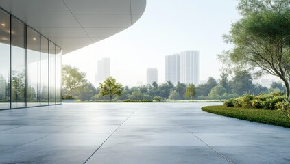 Modern architectural landscape featuring a serene outdoor space with sleek glass walls, city skyline in the background, and lush greenery under soft morning light.
