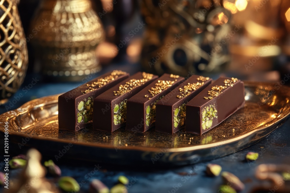 Poster chocolate bar filled with pistachio paste arranged on a decorative golden plate. generative ai