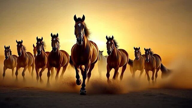 Wild horse running in the wild at sunset. A herd of mustangs galloping across open plains, dust flying behind them. Photo taken from a frontal view. Canon EOS camera with natural light.